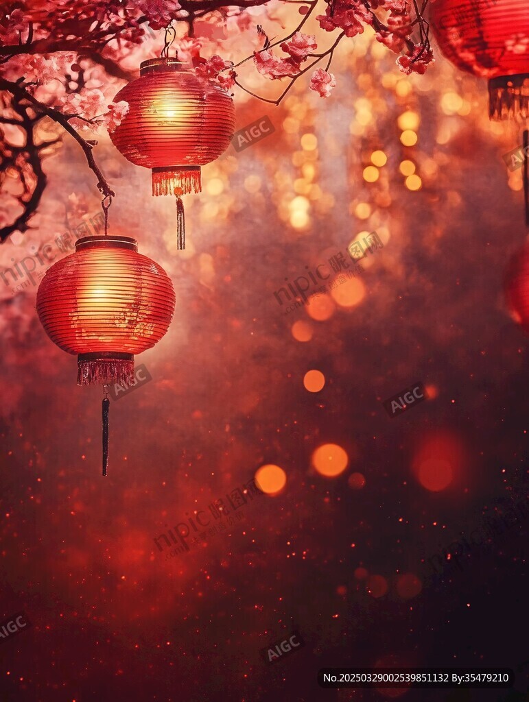 红灯笼映繁花新春氛围浓