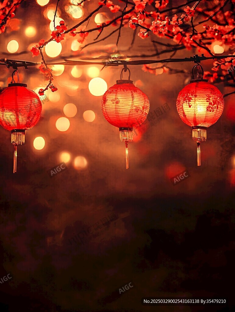 红灯笼映繁花夜景迷人