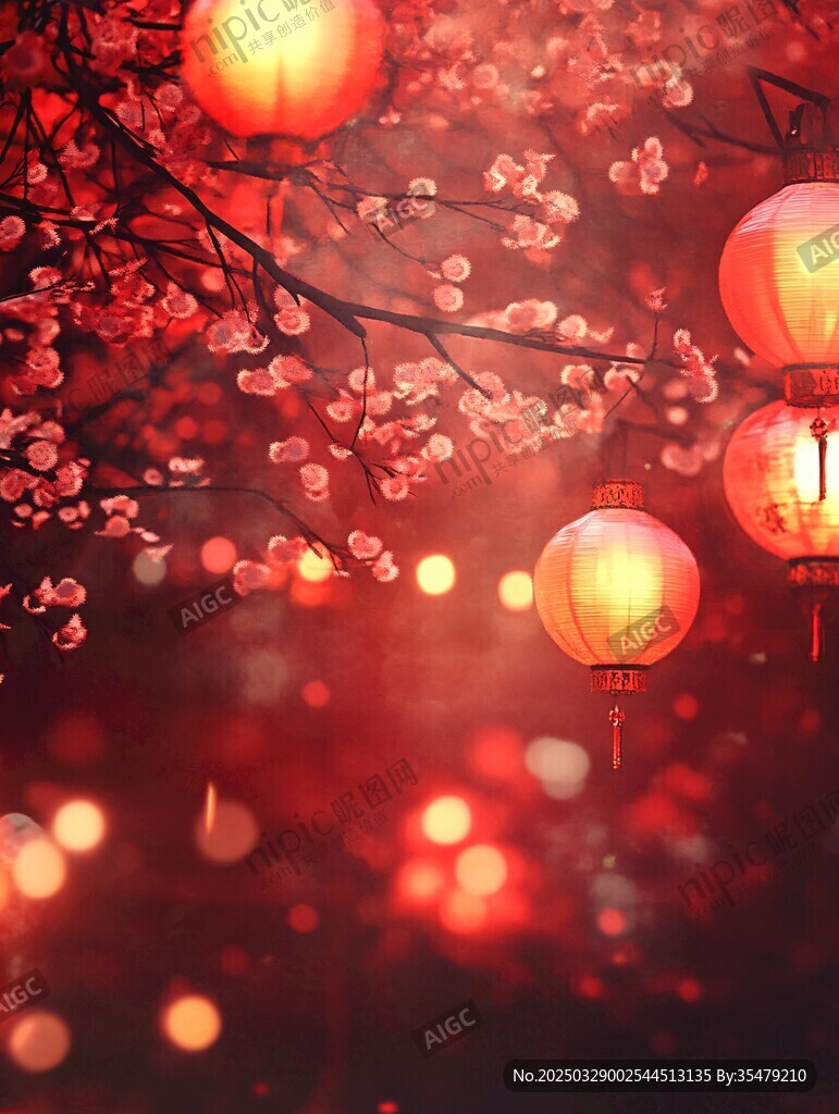 红灯笼映繁花喜庆氛围