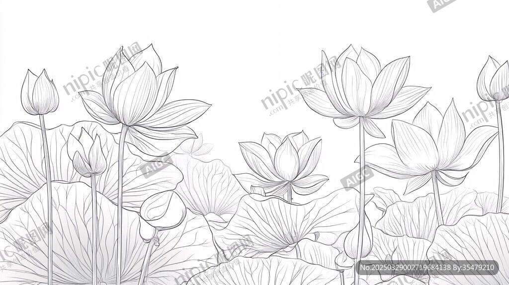白描荷花荷叶花卉图景