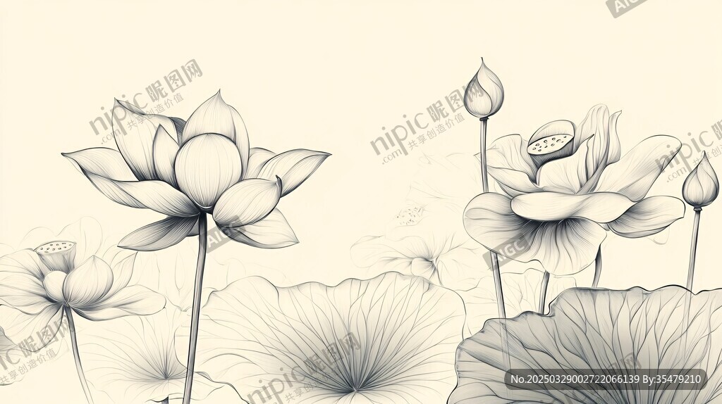 水墨荷花素描图