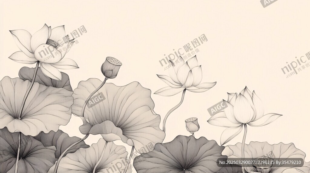 水墨荷花线描图