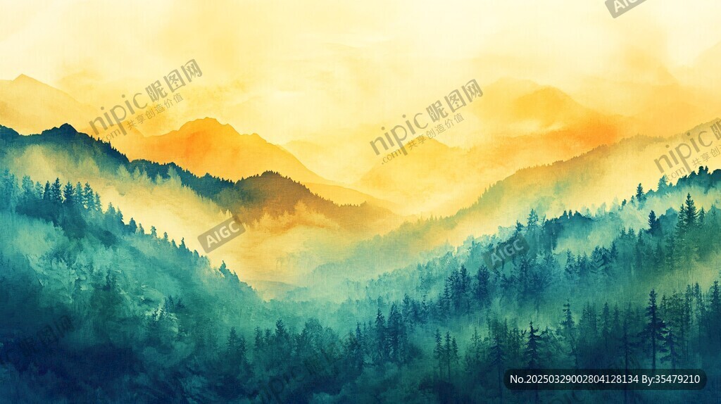 梦幻山林晨景水彩画