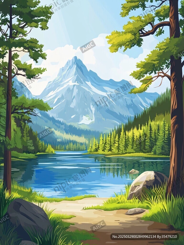 山林湖畔的静谧自然美景