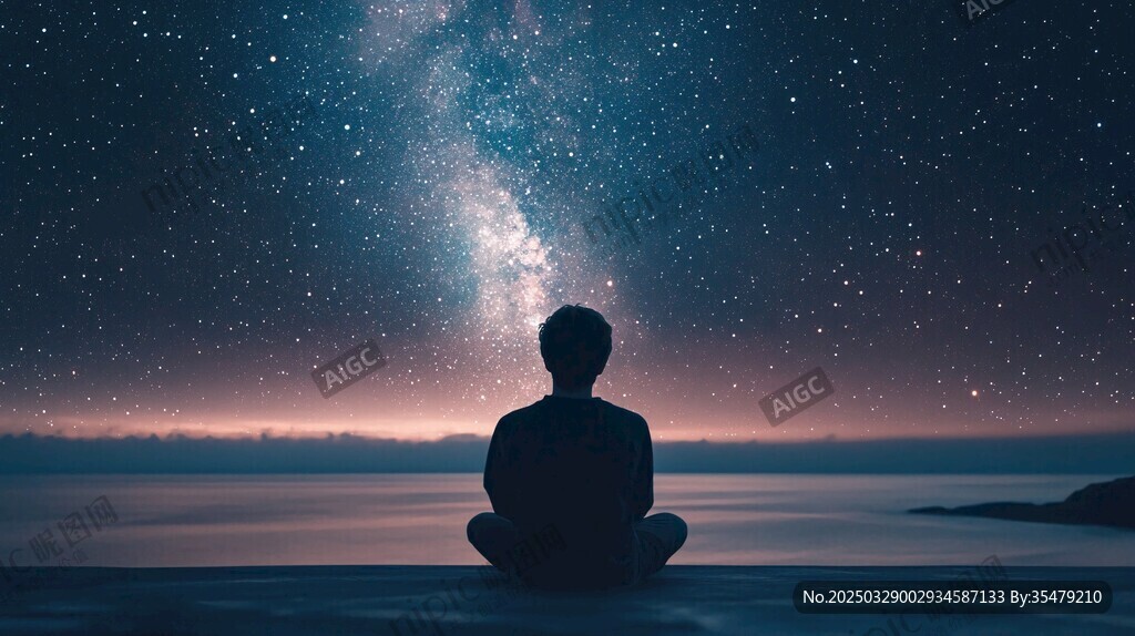 静坐赏星空的孤独身影