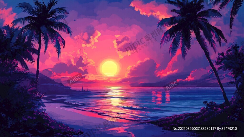 梦幻海滩日落美景