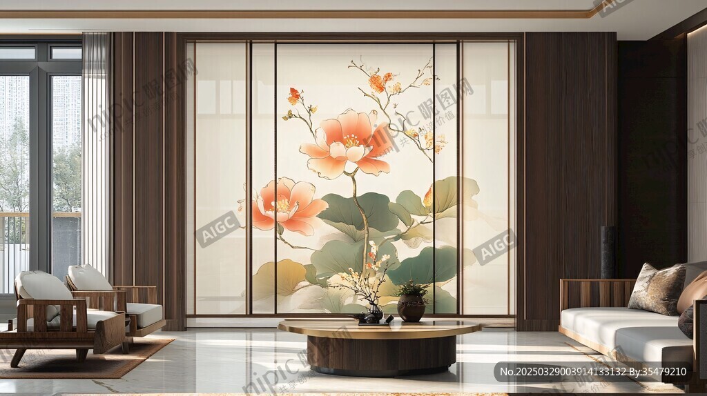 中式客厅之雅致荷花屏风