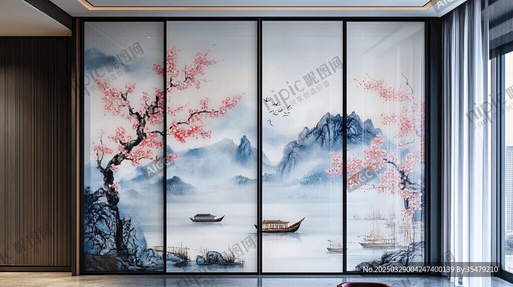 中式山水花鸟屏风装饰画