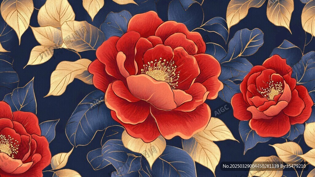 蓝底红牡丹中式花卉图案