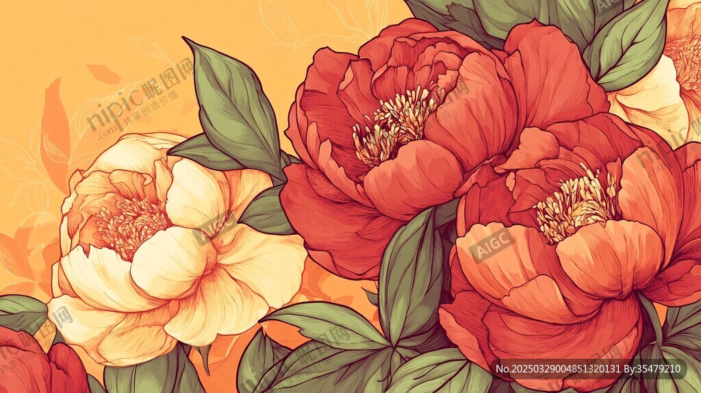 艳丽芍药花卉插画图案