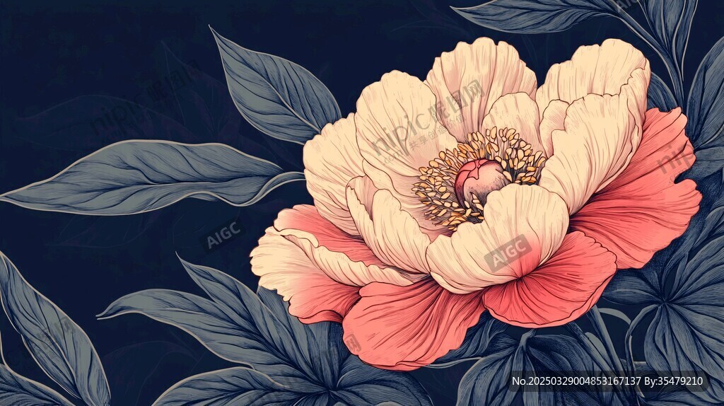 复古风盛开牡丹插画