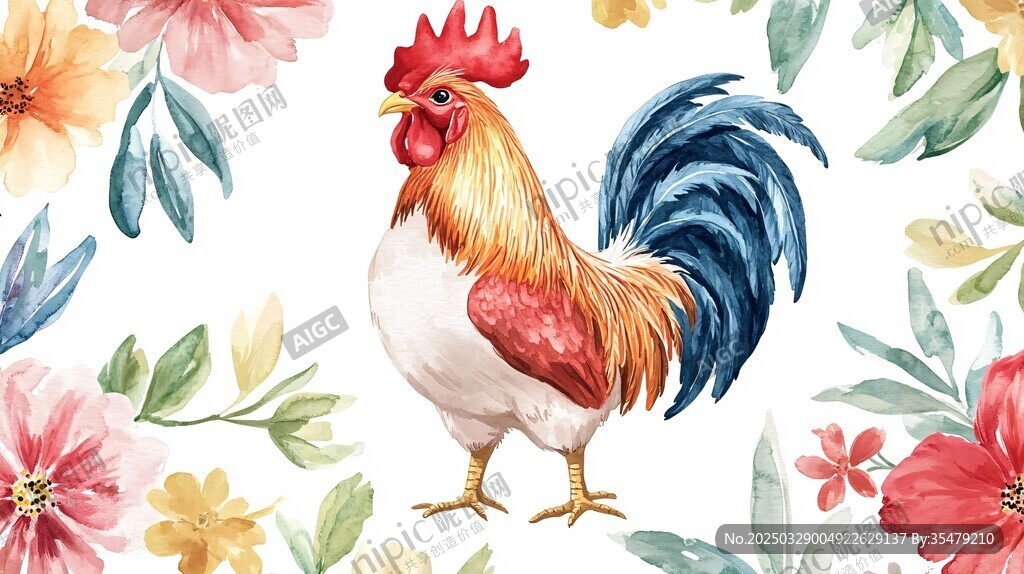 水彩绘公鸡与缤纷花卉