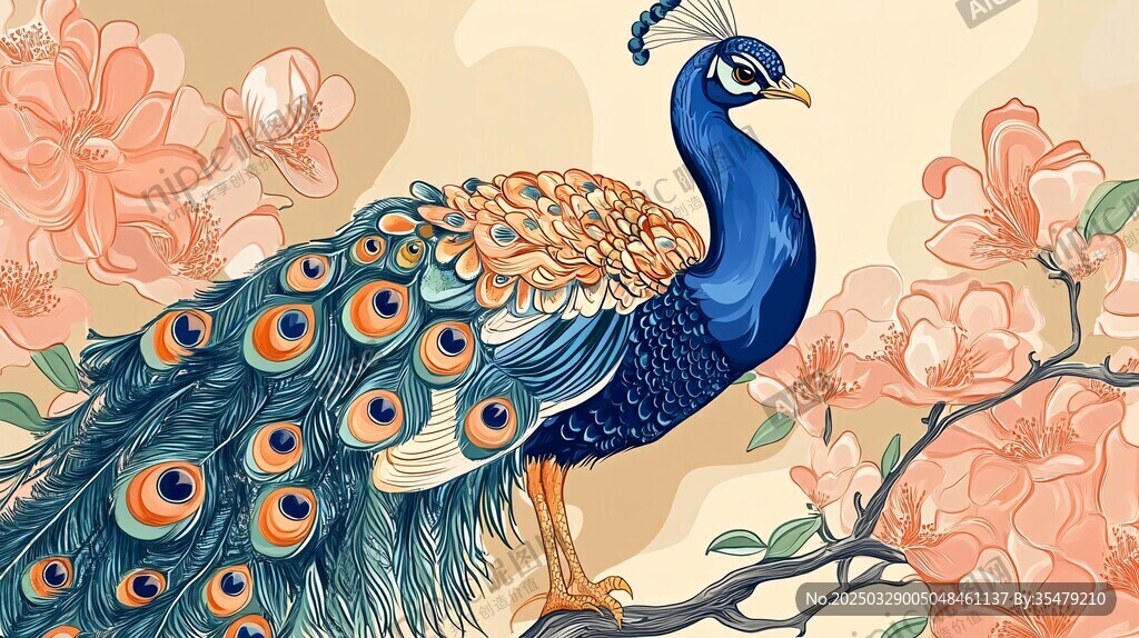 蓝孔雀栖于繁花枝头