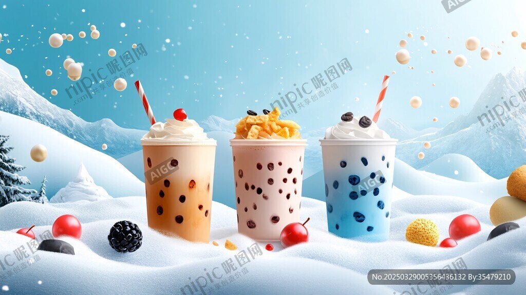 冬日雪景中的缤纷珍珠奶茶