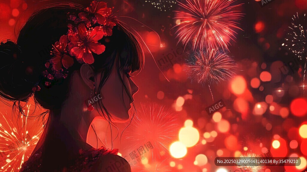 红衣女子赏绚烂烟花