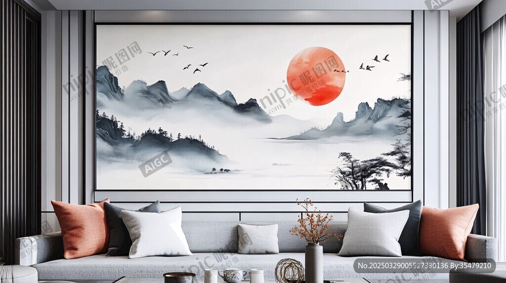 中式客厅的山水红日壁画