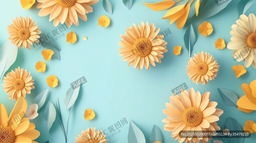 浅蓝背景上的纸艺黄色花朵
