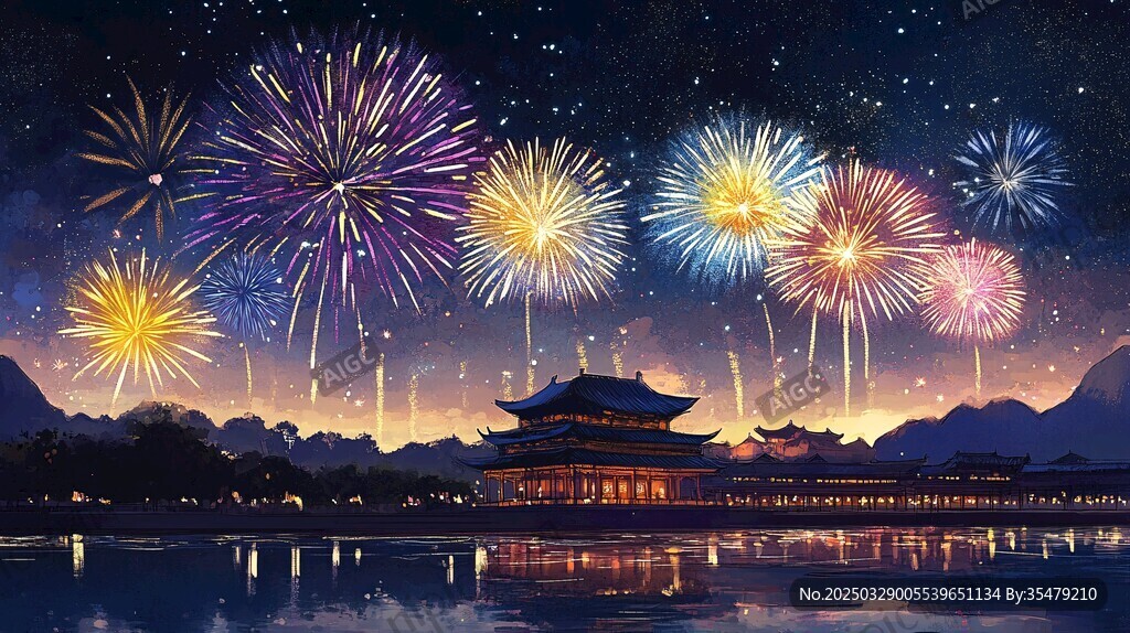 湖畔古建烟花夜景图