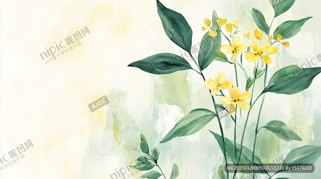 水彩绘黄色花卉绿叶