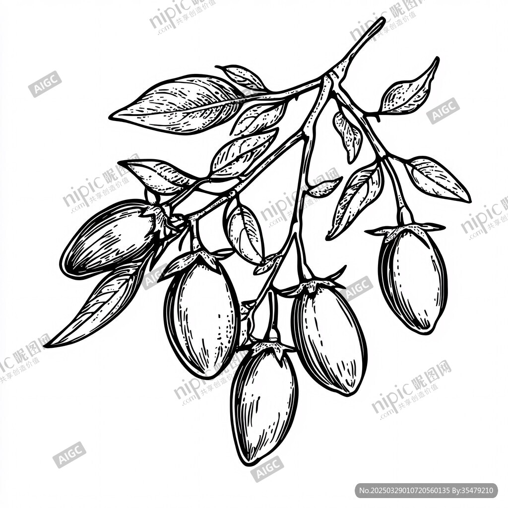 手绘枸杞枝条黑白插画