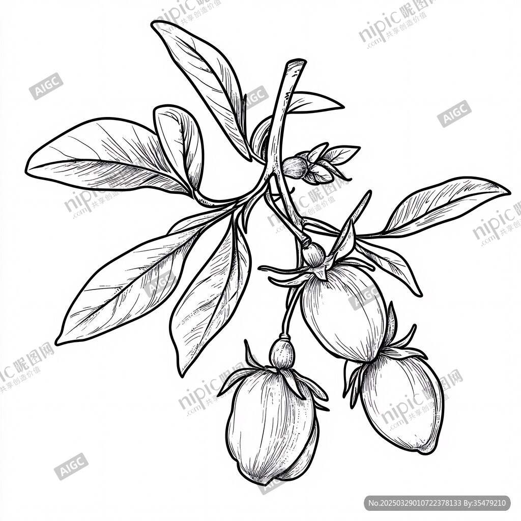 手绘茱萸枝与果线稿图