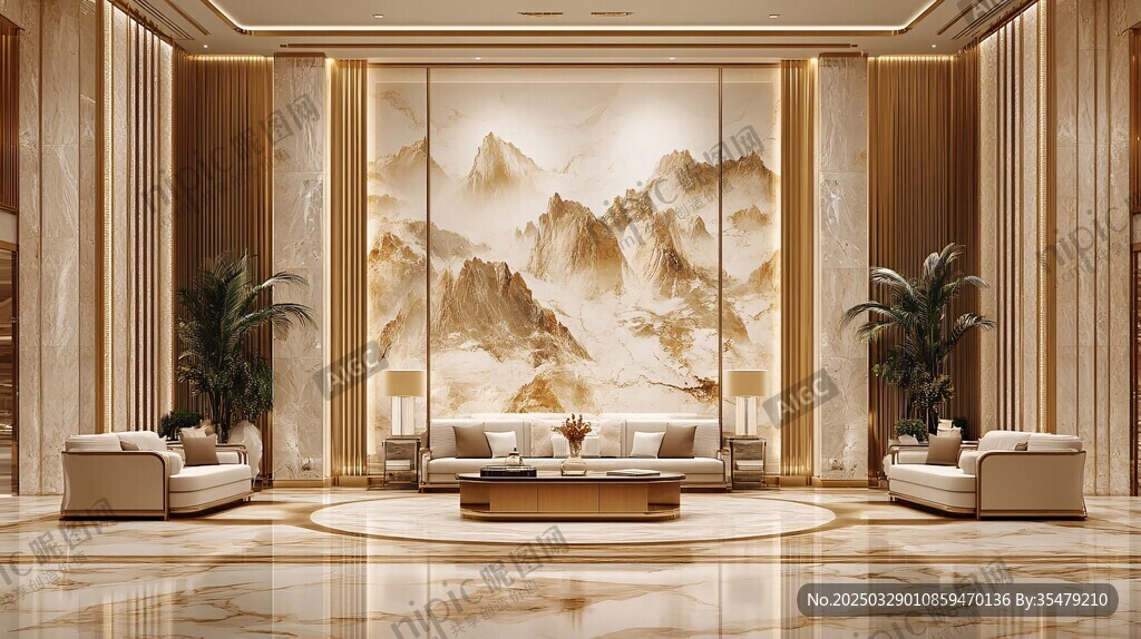 中式奢华客厅山水壁画场景