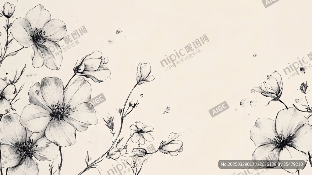 黑白花卉手绘边框图