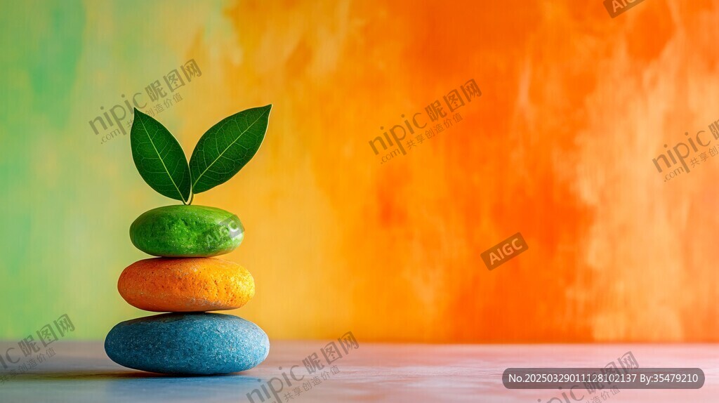 多彩石堆上的绿叶小景