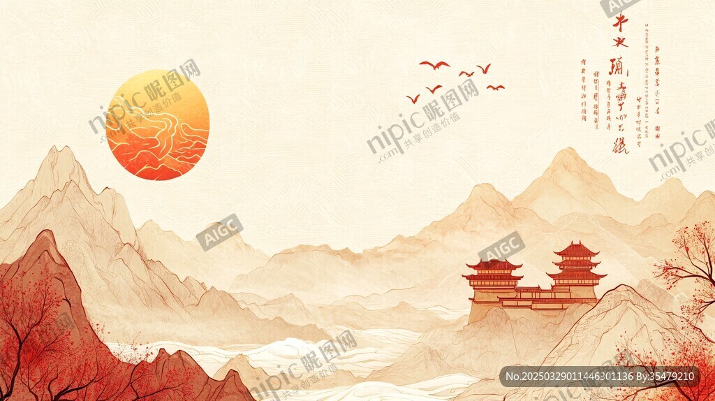 中式山水夕阳古建筑美景