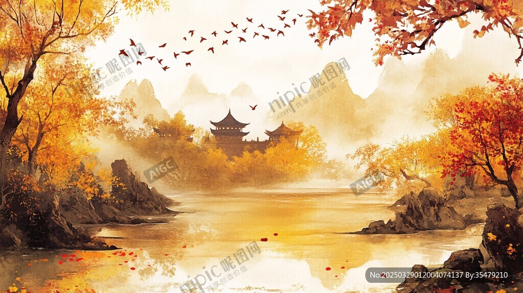 秋日山水间的古韵景致