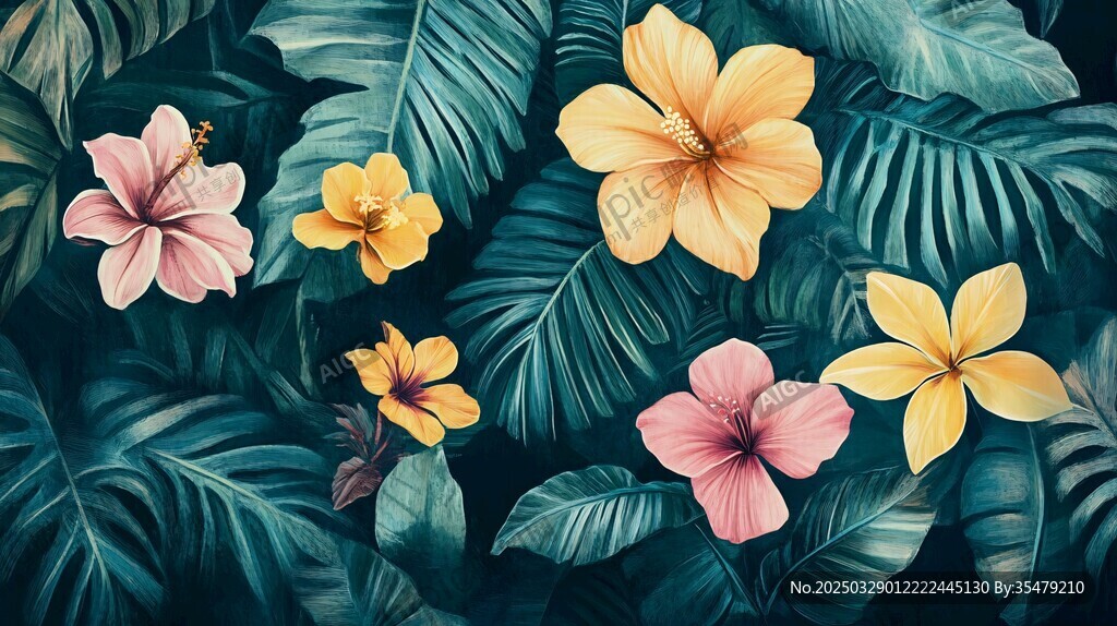 热带花卉与绿叶的美丽组合