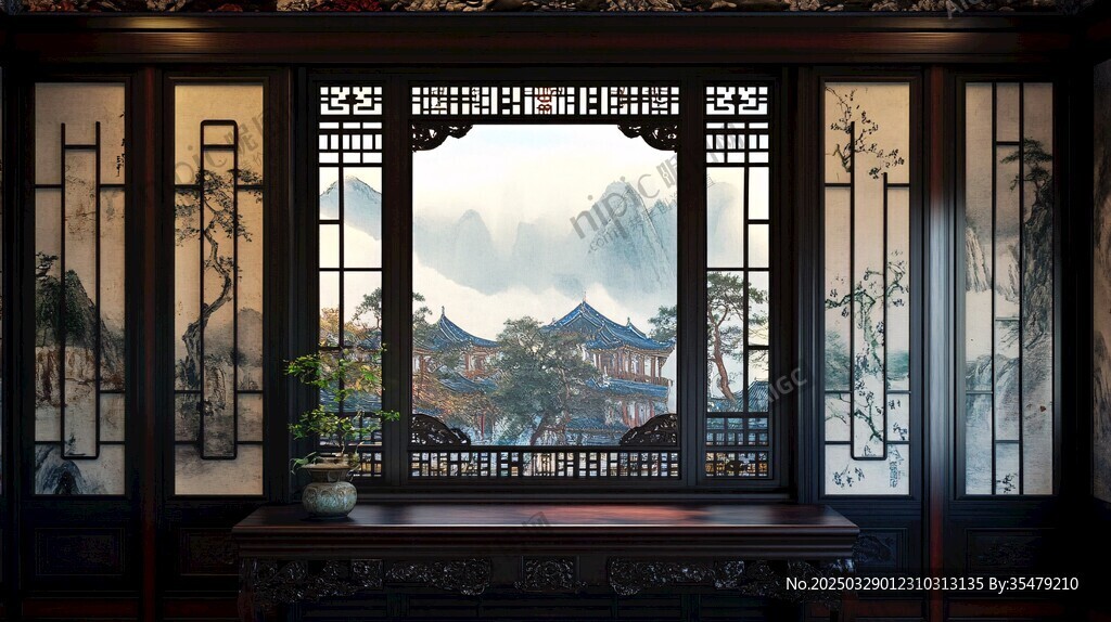 中式窗景下的古典山水风光