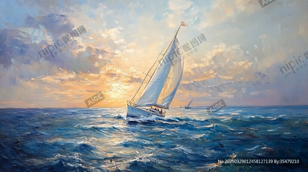 海上帆船迎夕阳航行