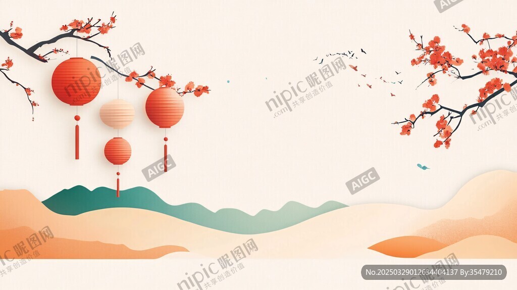 中式新春山水灯笼插画