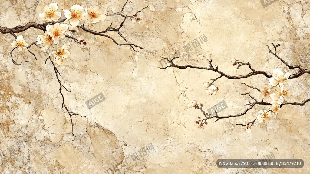 复古风玉兰花枝墙面图
