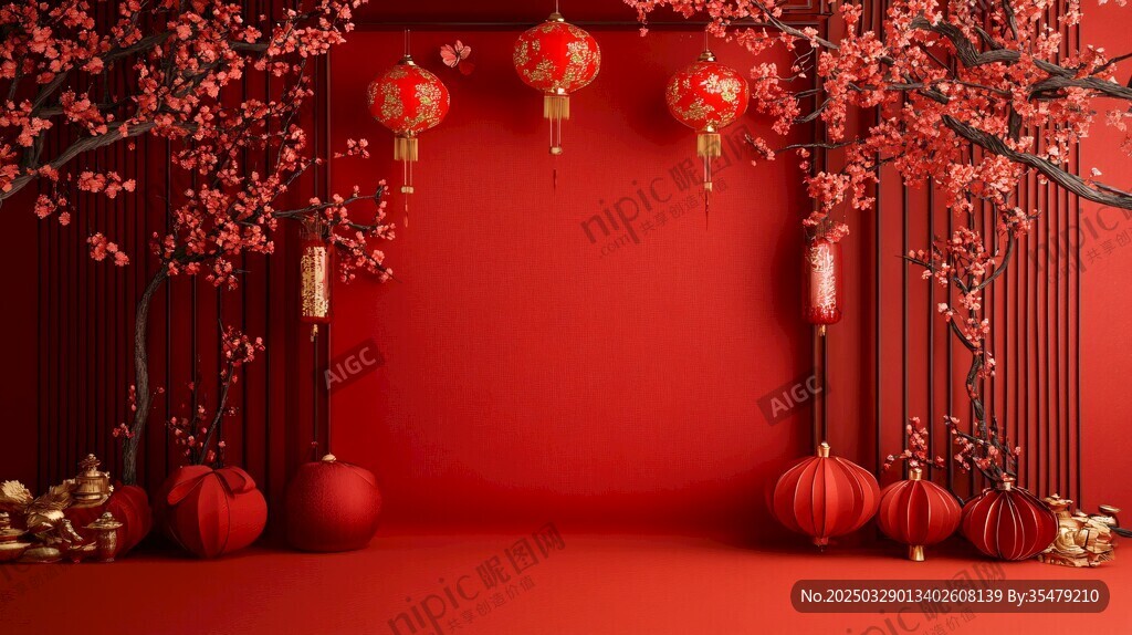 中式新春红色喜庆场景布置