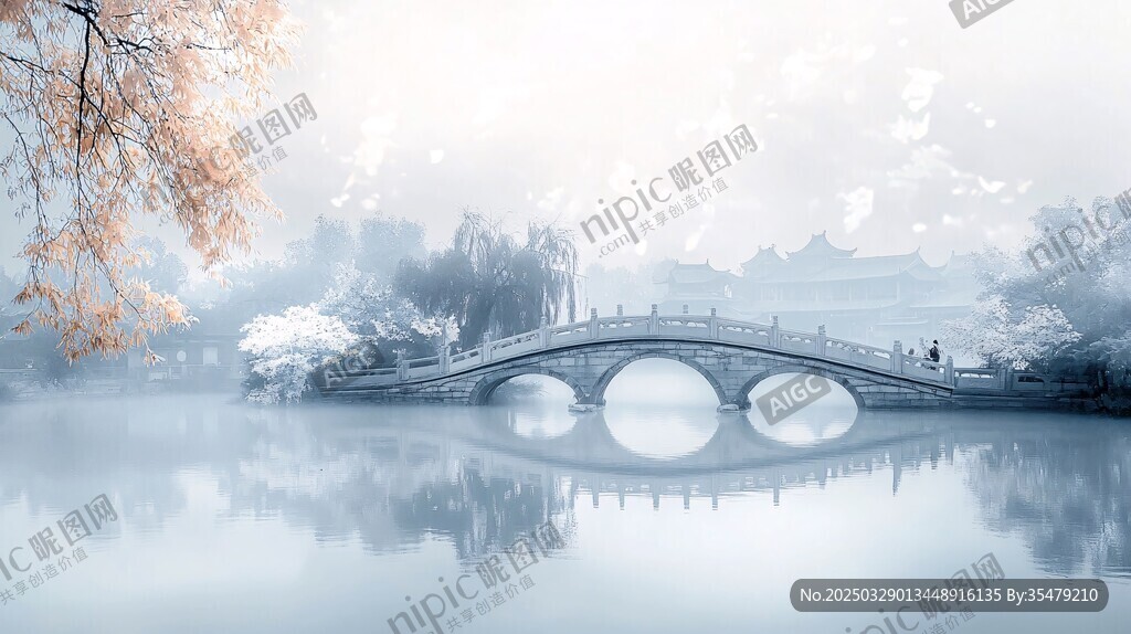 水墨江南桥畔秋景图