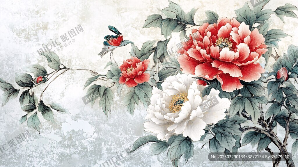 国画牡丹花鸟雅致图景