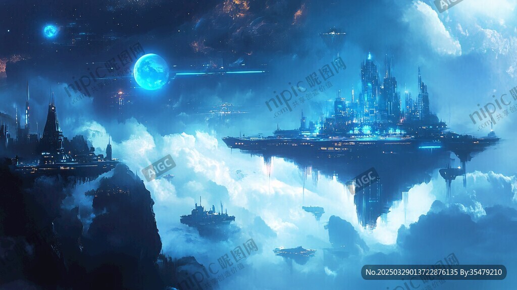 梦幻星际之城悬浮云海间