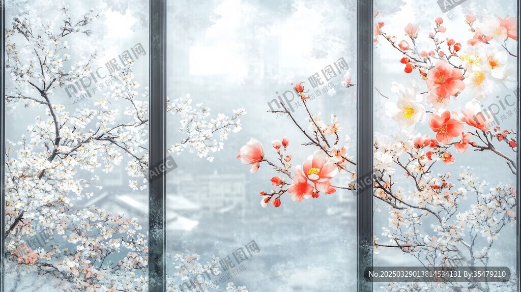 三幅中式花卉风景装饰画