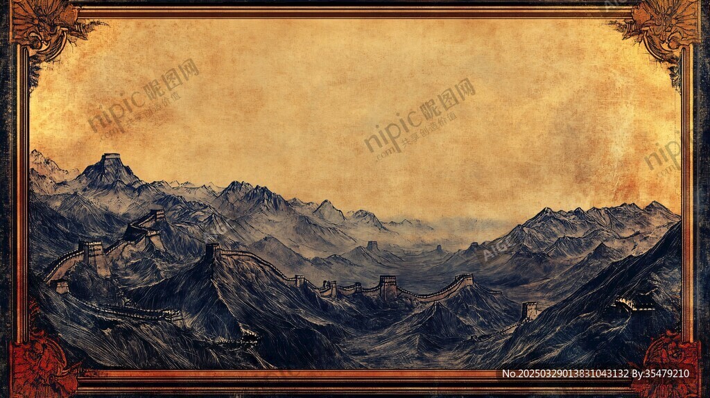 古典边框下的壮丽山脉风景
