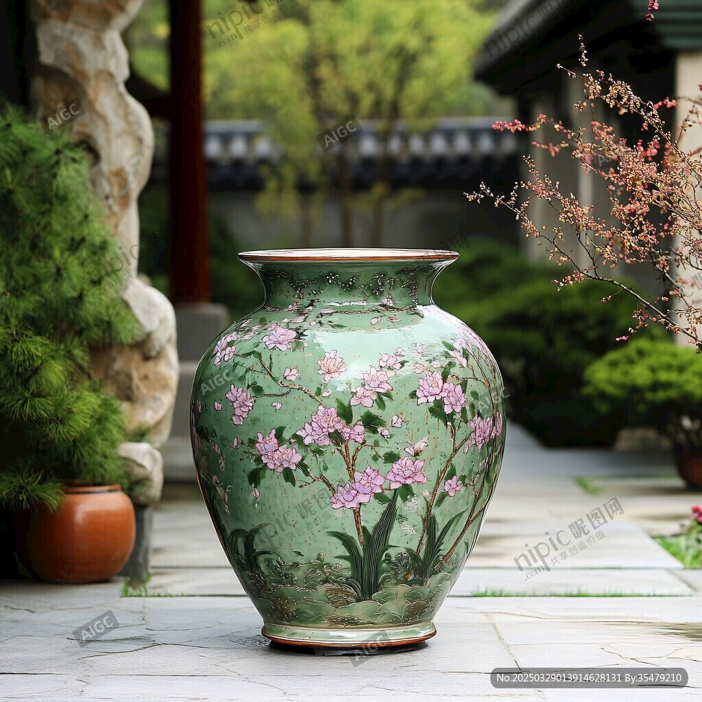 中式庭院中的精美花卉花瓶