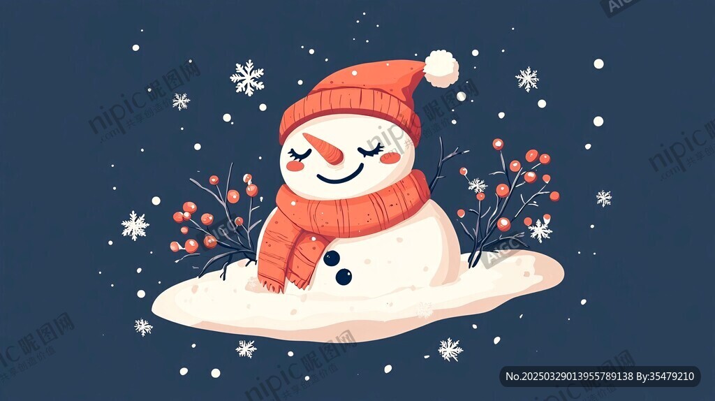 可爱雪人在雪地中微笑