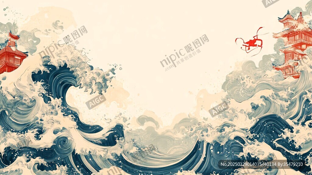 海浪中的中式奇幻景观