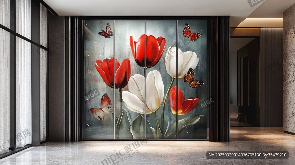 郁金香蝴蝶背景墙装饰画