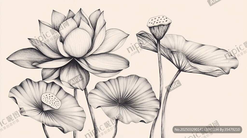 水墨风荷花线描插画