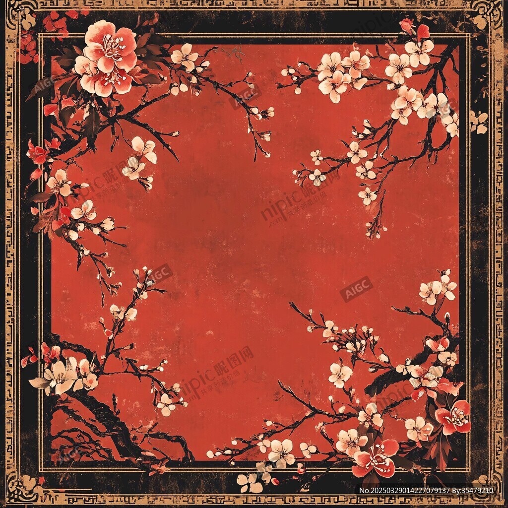 中式红底繁花边框图案