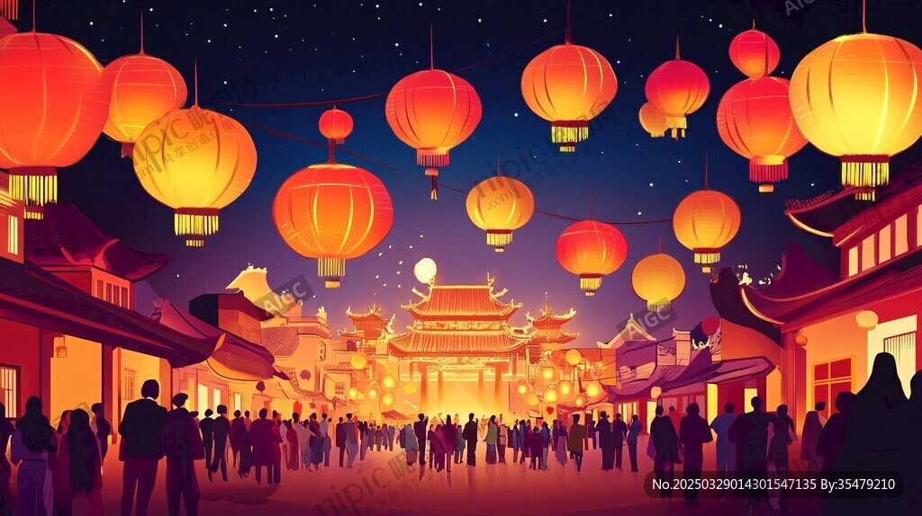 古街夜景灯笼下人潮涌动