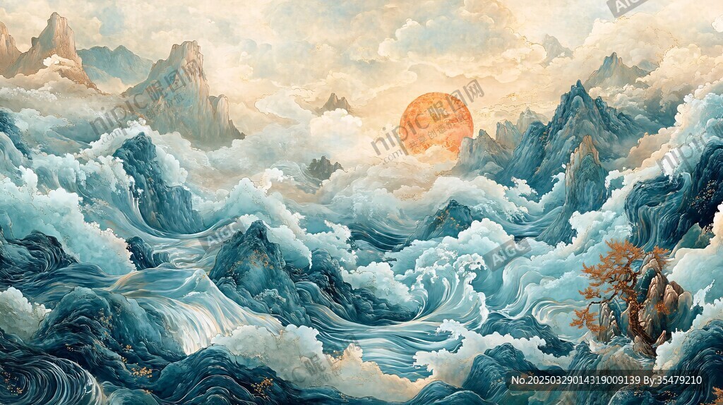 海上日出伴波涛群山景