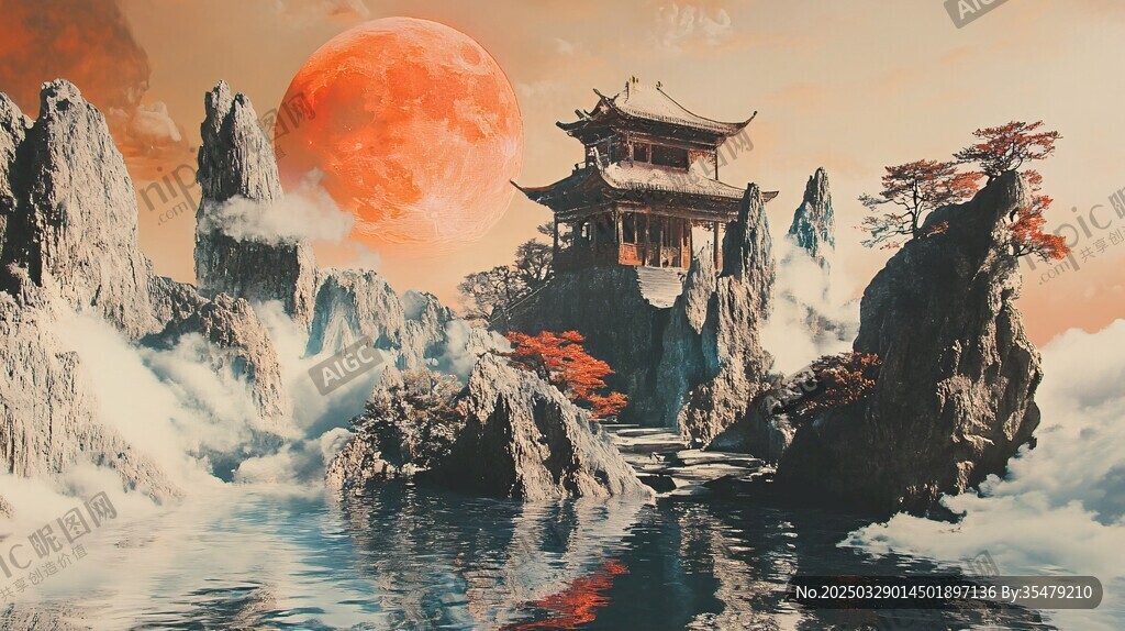 梦幻中式山水间的古韵楼阁